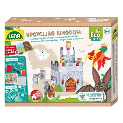 Imagen de LENA 42831 juego de bricolaje Eco Upcycling Reino, hojas papel y objetos domésticos, móvil 2 en 1 juego, pegamento para niños niñas, a partir 6 años