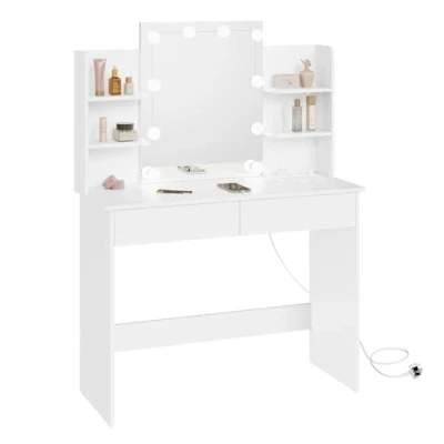 Imagen de WOLTU Tocador de Maquillaje, con Luz, LED Ajustable, Mesa Espejo, 2 Cajones y 4 Estantes, Blanco, 90x135x40 cm, MB6123ws