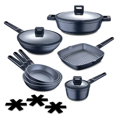 Imagen de MasterPro Indigo Batería de Cocina Completa 10 Piezas Aluminio Fundido Incluye Sartenes, Wok, Parrilla, Cacerolas y Cazo con Tapas Revestimiento Xylan Plus Todo Tipo Cocinas