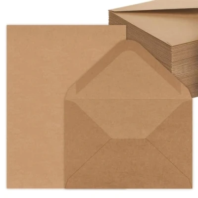 Imagen de 50 Juegos de sobres Papel Kraft con Tarjetas Plegables en Blanco, y Membretes para Bricolaje, Invitaciones, Felicitación, Agradecimiento, DIN C6/A5, Marrón