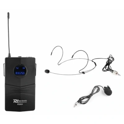 Imagen de Power Dynamics PD504BP Petaca Transmisora para Micrófonos Inalámbricos de Serie PD504, con Microfono Solapa Color Negro y Micrófono Diadema Beige Incluidos, Micro Inalambrico