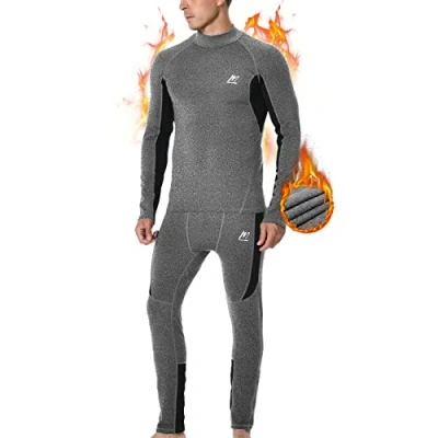 Imagen de MeetHoo Hombre Conjunto de Ropa Interior Térmica, Base Layer Compresión Cuello Alto a Prueba Viento Calzoncillos Largos con Forro Polar Equipo Invierno para Deportes Correr Esquí