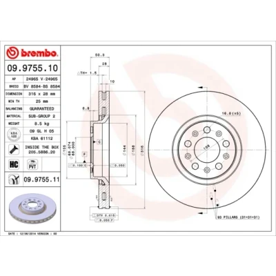 Imagen de BREMBO COATED DISC LINE 09.9755.11 Disco de freno 316 28 5 ventilación interna revestido altamente carbonizado con tornillos VOLVO: XC90 I, S60 I