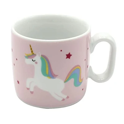 Imagen de Dekohelden24 Taza infantil rosada con asa unicornio mensaje en aleman Meine Glitzerwelt (Mi mundo de purpurina). Tamaño aprox. 6,8 x 7,4 cm, capacidad 150 ml, porcelana