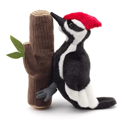 Imagen de Uni Toys Pájaro carpintero sobre un tronco de 27 cm altura, pájaros y animales peluche