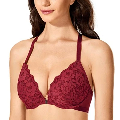 Imagen de DOBREVA Sujetador Push Up de Encaje y Cierre Delantero para Mujer Acolchado con Aros Cereza 90B