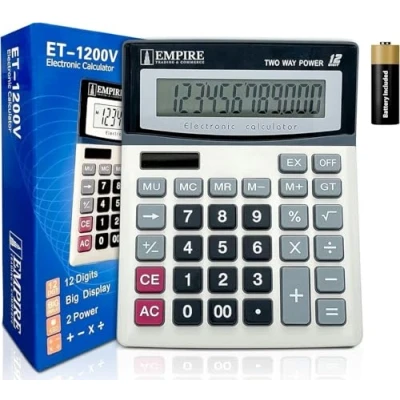 Imagen de Empire Calculadora de escritorio con botones grandes, 12 dígitos, pantalla grande en ángulo ojo, funciona energía solar y pilas para el hogar la oficina (batería incluida)
