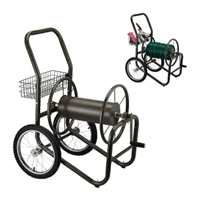 Imagen de Relaxdays Carrito Carro Portamangueras, hasta 90 m, Acoplamiento por Clic, 2 Neumáticos, Cesta, Soporte Mangueras Metal, Marrón, Caucho, 100 x 58 88 cm