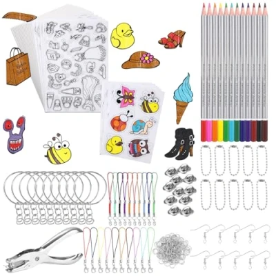 Imagen de Huifoo 198 Pieces Plastico Magico Shrink Plastic,A4 15 Hojas de Encogible 6 Papel con Motivo,Perforadora,Lápiz y Divertidos Material para Hacer Llaveros DIY