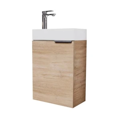 Imagen de Planetmöbel Lavabo con Mueble bajo 40cm en Roble Dorado y Grifo Cromo, Conjunto de Muebles baño para Cuarto baño, Aseo Invitados