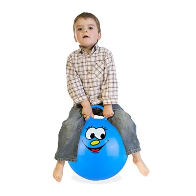 Imagen de Relaxdays Skippy Ball Hinchable (45 cm) Pelota Saltarina Infantil, Bola Saltadora con Carita Estampada, Agarradera, Ø, Interior, Exterior, Azul