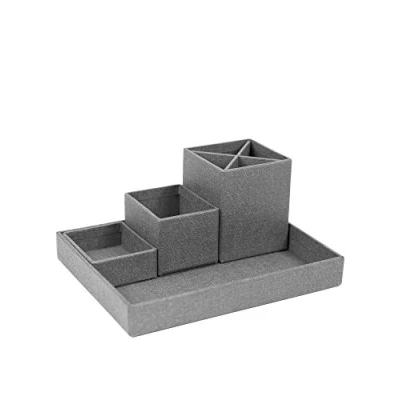 Imagen de Bigso Box of Sweden organizador de escritorio para bolis, clips, notas, etc. Caja clasificadora con 4 compartimentos Sistema tablero fibras y papel aspecto lino gris