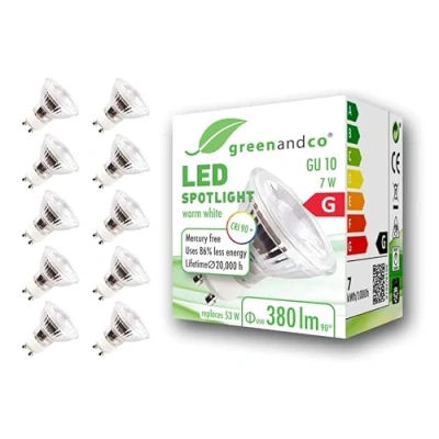 Imagen de greenandco 10x Spot LED IRC97+ 2700K 36 GU10 7W (corresponde a 53W) 380lm SMD 230V AC, sin parpadeo, no regulable
