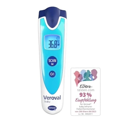 Imagen de Veroval Termómetro infrarrojo azul para bebés, medición sin contacto y silenciosa, temperatura corporal, del objeto, ambiente, rápida, manejo