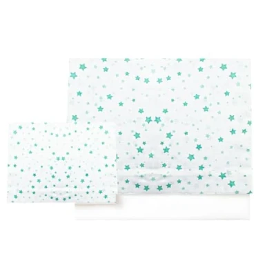 Imagen de Various Juego de Sábanas para Cuna 60 x 120 cm, Ropa Cuna,100% Algodón Extrasuave Fafricado en Europeo (Bajera+encimera+Funda Almohada) Estampado Estrella Verde/Blanco