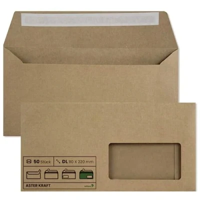 Imagen de Netuno 50x sobres largos de negocios marrones papel Kraft DIN DL 110x220mm 100g Aster solapa recta autoadhesiva con ventana derecha reciclado para invitaciones facturas folletos regalo vales