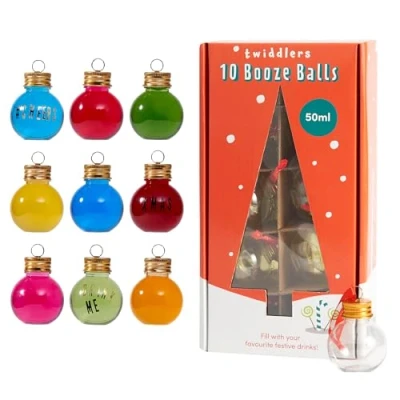 Imagen de THE TWIDDLERS 10 Adornos Navideños de 50 ml con Pegatinas Decoraciones Transparentes Rellenables Personalizadas para Regalar al Árbol Navidad