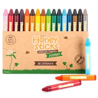 Imagen de Honeysticks Ceras de Colores Jumbo 100% Pura Cera Abeja Natural 16 Lápices Grado Alimentario, Sostenibles, No Tóxicos, Hechos en Nueva Zelanda Crayones Fáciles Sujetar y Usar