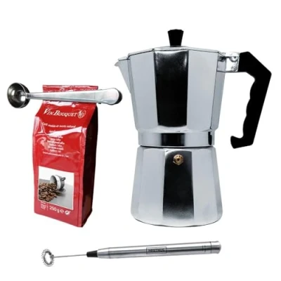 Imagen de Nerthus FIH 1135 Cafetera italiana de inducción 9 tazas + Pinza y Cuchara Batidora leche set Batidor