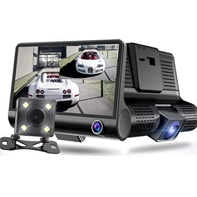 Imagen de MASO grabadora de video para coche, 3 vías, 1080P, cámara salpicadero frontal y trasera, 4 pulgadas, DVR coche