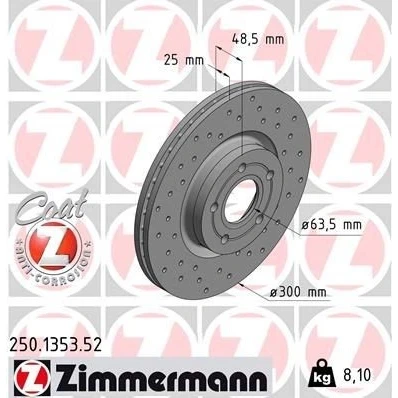Imagen de ZIMMERMANN SPORT COAT Z 250.1353.52 Disco de freno 300 25 5/5 5 108 ventilación interna, perforado revestido FORD: Focus 2, 3, C Max