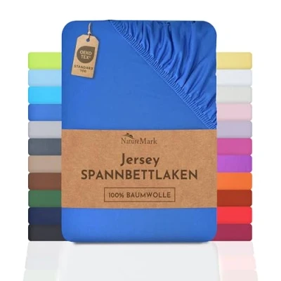 Imagen de NatureMark Sábana Bajera Ajustable de Jersey, 100% algodón en Muchos tamaños y Colores, 180 x 200 cm cm, Azul Real