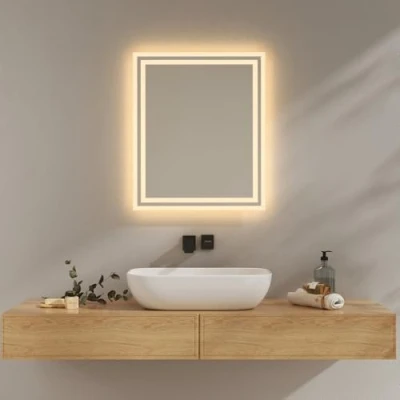 Imagen de EMKE Espejo de baño con iluminación, 50 x 60 cm, antiniebla, 2 temperaturas Color (Blanco cálido/Blanco frío), Interruptor basculante, Horizontal/Vertical, LED, IP44