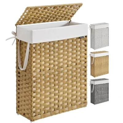 Imagen de SONGMICS Cesto de Ropa Sucia Delagado, Cesta Ratán Sintético 55 L con Tapa y Asas, Mimbre, Plegable, Forros Extraíbles, para Mantas, Ropa, Dormitorio, Baño, Lavandería, Amarillo Ganso LCB164N01