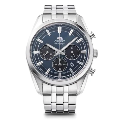 Imagen de Orient Stretto RA TX0303L10B Reloj con Cronógrafo Solar de 43 mm, esfera azul marino, correa acero, para hombre, Should say 40