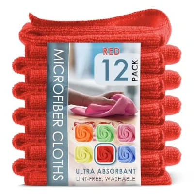 Imagen de Hearth &amp; Harbor Paño de Limpieza Microfibra, Toallas Microfibra para Coches, Paquete 12 paños Limpieza, Trapos Rojos, Toalla Reutilizable,