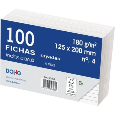 Imagen de Dohe Fichas Rayadas de Cartulina (100 uds.) Tarjetas para Escribir Notas, Tamaño 20x12,5 cm, 180 gr/m², N.º 4, Material Oficina Color Blanco