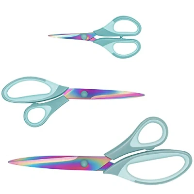 Imagen de tijeras afiladas de titanio, mango agarre suave, juego 3 multiusos adecuadas para uso familiar, oficina y escuela, color azul