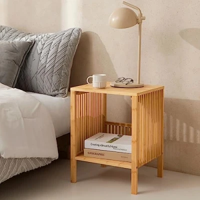 Imagen de [en.casa] Mesa Auxiliar Varde Multifuncional con Compartimento Abierto para Sala Mesilla de Noche Dormitorio Café Junto al Sofá Bambú 50 x 39 33 cm Color Natural