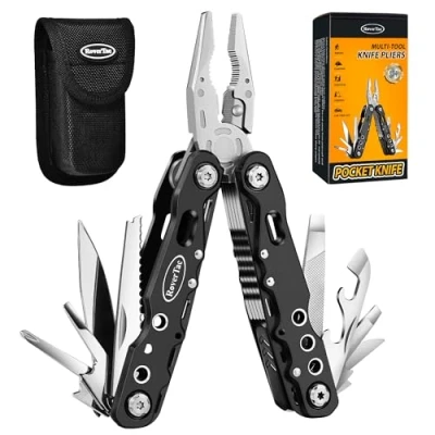Imagen de RoverTac Alicates Multiusos Navaja de Bolsillo, 14 en 1 Cuchillo Sierra Abrebotellas Cierre Seguridad Funda Nylon, Camping Senderismo Gear, Regalos para Hombres Papá