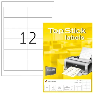 Imagen de TopStick 8406 Etiquetas universales A4, paquete de 32 (96,5 x 42,3 mm, 800 hojas, papel, mate) autoadhesivas, imprimible, pegatinas dirección permanente, 9600 adhesivos blancas