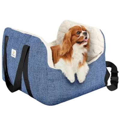 Imagen de Pawaboo Asiento de Coche para Perros Pequeños, Cama Perro con Hebilla Fija y Correa Seguridad, Transportín Cachorros Gatos hasta 25lbs Silla Coche, Azul