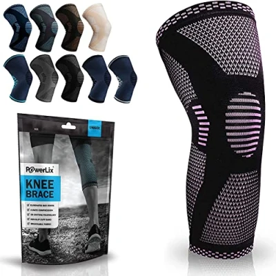 Imagen de POWERLIX rodillera para mujeres y hombres, de compresión artritis, dolor articular, lesión ligamentos, desgarro menisco, tendinitis, correr, sentadillas, deportes, Rosado, L