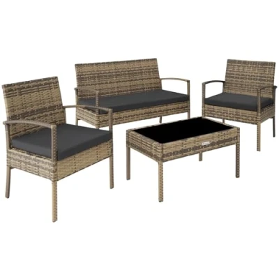Imagen de TecTake® Conjunto Jardín Exterior de Ratán y Aluminio, Muebles Resistente a la Intemperie, 2 Sillones, 1 Sofá, Mesa Cristal, con Cojines 10 cm Juegos Fundas Natural