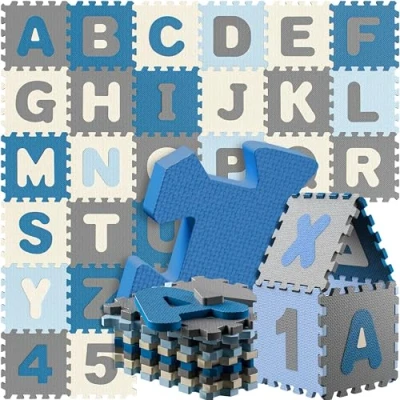 Imagen de Spielwerk® Alfombra Puzzle XXL Bebé Niños 86 Piezas Letras Números 3,3m² Juego Infantil Gomaespuma Azul