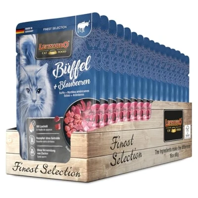 Imagen de Leonardo Bolsas [16x85g Búfalo + Arándanos] Alimento húmedo sin Cereales para Gatos Completo en prácticas raciones Individuales
