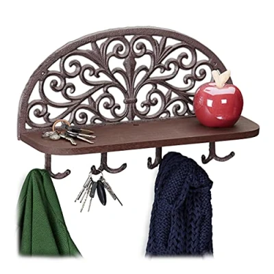 Imagen de relaxdays Perchero Pared con Estante, Colgador Llaves, 4 Ganchos Dobles, Hierro Fundido, 1 Ud, 23 x 39 11,5 cm, Marrón, Madera, 11.5 cm