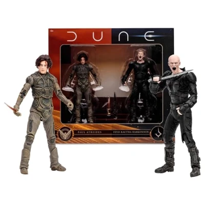 Imagen de McFarlane Toys Dune: Part Two Paul Atreides &amp; Feyd Rautha Harkonnen Figuras de acción 7 Pulgadas, Paquete 2 Ultra articulación, Crysknife, Espada y Tarjetas Arte coleccionables