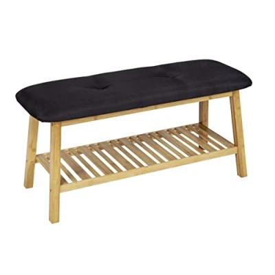 Imagen de WENKO Schubank Ecori con Asiento Acolchado, Banco de bambú (Certificado FSC), Estante para máx. 4 Pares Zapatos, Funda poliéster Reciclado, 90 x 45 33 cm, Color Natural/Negro, Naturaleza