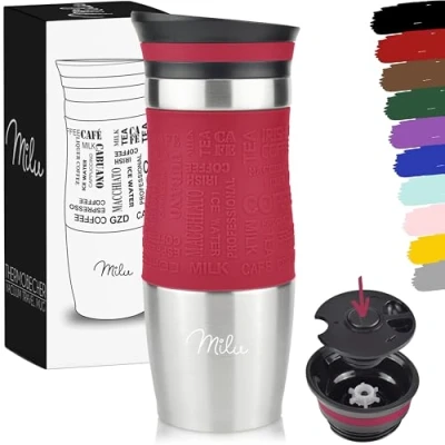 Imagen de Milu Taza aislante de café y té para llevar 370ml 450ml 100% a prueba fugas acero inoxidable beber vaso aislamiento al vacío Caliente frío (Rojo, 370ml)