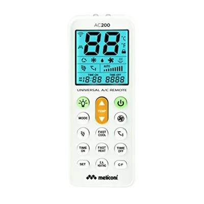 Imagen de Meliconi AC 200 Mando a Distancia Universal para acondicionadores de Aire, Compatible con la mayorìa Las Marcas, Pantalla retroilluminada, función antorcha. Blanco.