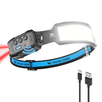Imagen de Smiling Shark Linterna Frontal, Headlamp Rechargeable 4000 mAh 7*Luce Blancas 6 Modos Luz Sensor Movimiento Rojo Faro Trasero Para Camping Correr Pesca Repairación, Frontal Iluminación Cabeza