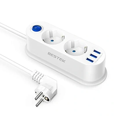 Imagen de BESTEK Regleta Enchufes 2 Tomas y 3 Puertos USB para Smartphone Tablet iPad, Aplicable a Casa En Oficina Viajes, 2500W/10A, Cable de 1,5 m