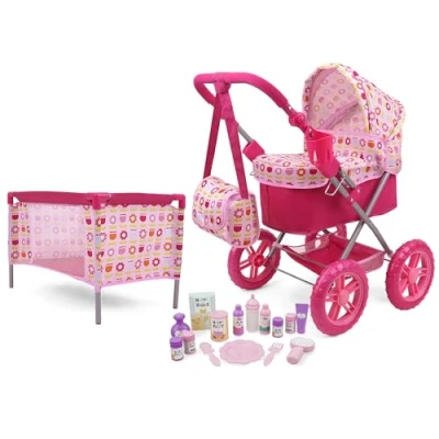 Imagen de 509 Crew Blossom Pink Doll Stroller Pram 18 Piece Combo Value Play Set, Ages 3+