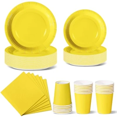Imagen de Nkaiso 96 Piezas Amarillo Vajilla Fiesta Cumpleaños, Platos y Vaso Cumpleaños Infantil, Set de Party Decoración Desechable Servilletas para Navidad, Barbacoas, Fiestas 24 Invitado