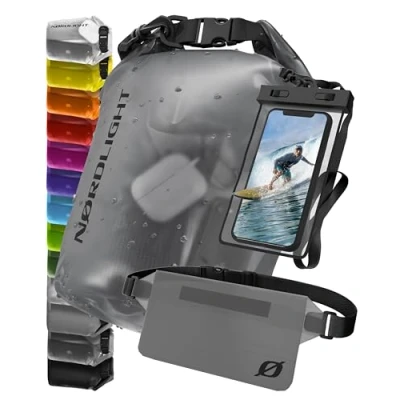 Imagen de Nordlight Juego de 3 Bolsas Impermeables (Gris Esmerilado) Dry Bag 10L + Funda Impermeable para teléfono móvil riñonera protección IPX8 con Correas Ajustables Playa Paddling
